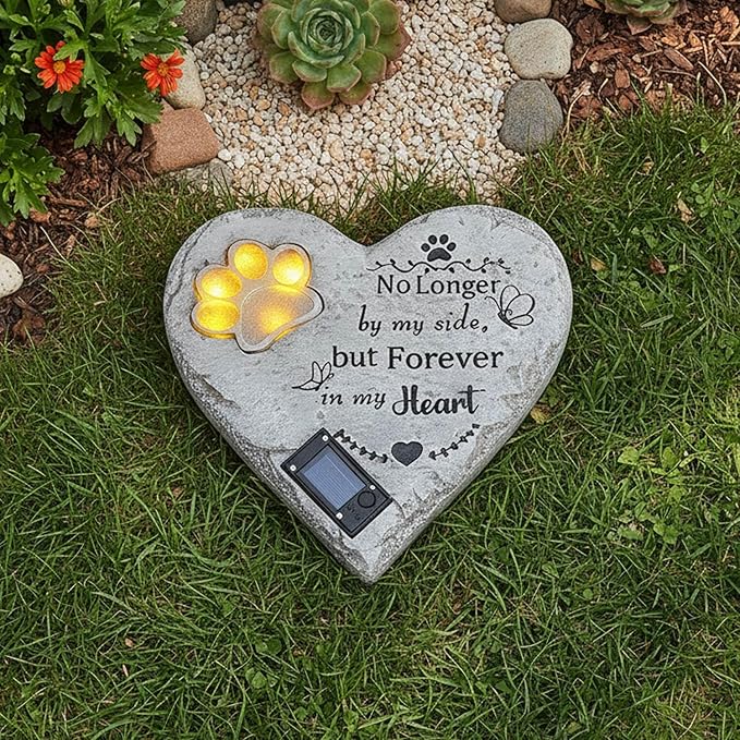 Pet Memorial Stone Solar Lighted Glowing Paw Print Heart Statue with Forever in My Heart Engraved, Pet Headstones for Dogs Cats Waterproof Resin Loss of Dog Sympathy Gift, 10 Inch