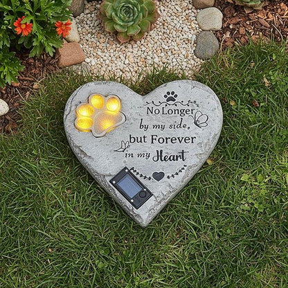 Pet Memorial Stone Solar Lighted Glowing Paw Print Heart Statue with Forever in My Heart Engraved, Pet Headstones for Dogs Cats Waterproof Resin Loss of Dog Sympathy Gift, 10 Inch