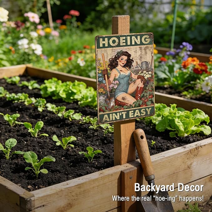 Funny Garden Signs for Outside Garden Decor Wall Art - Gardening Gifts for Women Plant Lovers Gardeners Green House Decor, Hoeing Ain't Easy Sign 12x8 Inch