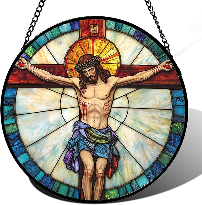 DASTOLL Christian Gifts for Women - Cross Passion of Jesus Stained Glass Window Hanging Easter Sun Catcher Garden Religion Decor Mother's Day Catholic Gift for Men Grandma Nana Her Mom 15"