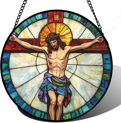 DASTOLL Christian Gifts for Women - Cross Passion of Jesus Stained Glass Window Hanging Easter Sun Catcher Garden Religion Decor Mother's Day Catholic Gift for Men Grandma Nana Her Mom 15"