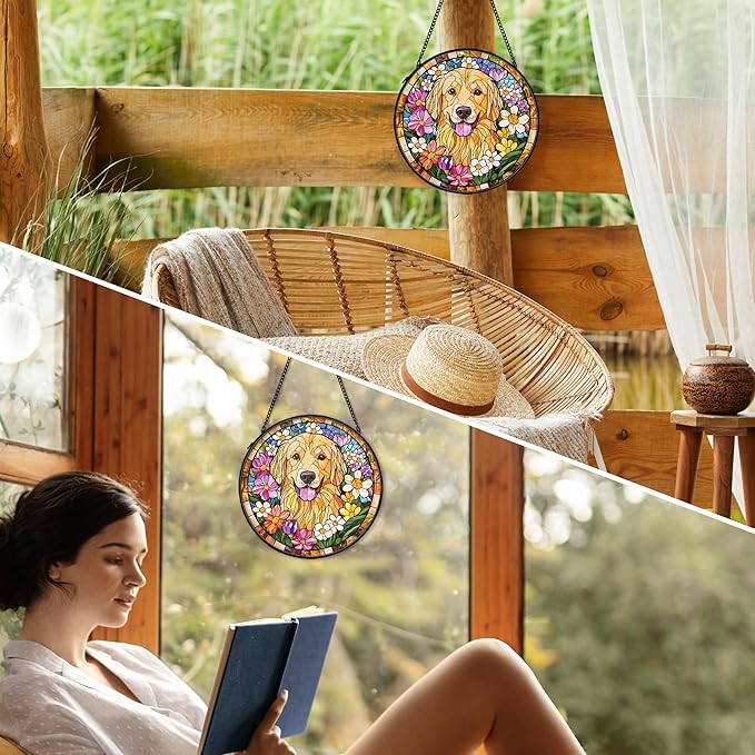 Golden Retriever Dog Suncatcher Stained Glass Window Hanging Decor Ornaments, Golden Retriever Dog Memorial Sun Catchers Wall Art Gifts, Floral Flower Garden Stained Glass Decor, 7.9x7.9In