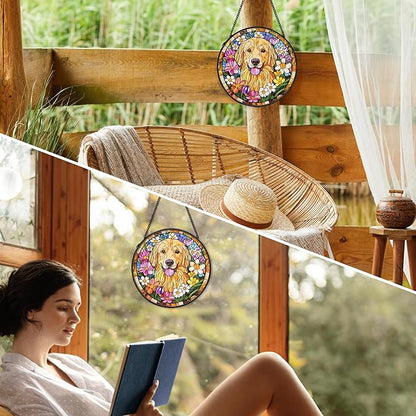 Golden Retriever Dog Suncatcher Stained Glass Window Hanging Decor Ornaments, Golden Retriever Dog Memorial Sun Catchers Wall Art Gifts, Floral Flower Garden Stained Glass Decor, 7.9x7.9In
