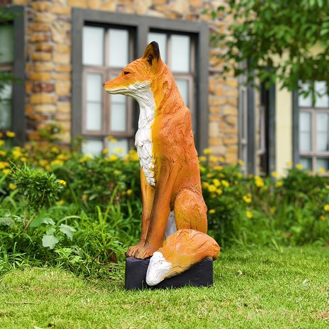 GENUINQ Sitting Fox Large Size Decorative Statue Outdoor Wit Fox Orange and White Cute Sculpture for Garden,Patio,Lawn Fox Fable Figurine