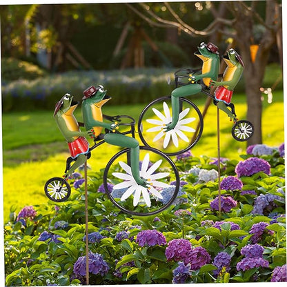 Wind Spinners for Garden, Vintage Metal Wind Spinner Frogs on a Bike Windmill Garden Ornament 3D Animal on Bike Sculptures for Yard Lawn Decor