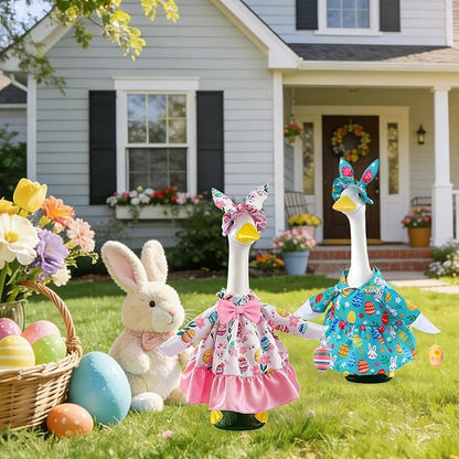 Easter Outfit for Porch Goose, Bunny Ear Hat with Easter Egg, Pink Dress Fit 17-23 Inch Goose Decoration, Holiday Costume for Front Porch Lawn Garden