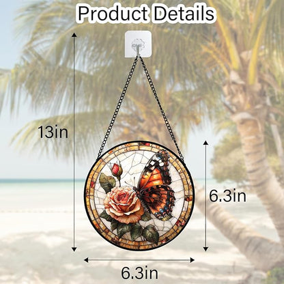 DASTOLL Stained Glass Window Hanging, Butterfly Picking Flowers Suncatcher for Doors Home Sun Catchers Decoration and Christmas, Mother's Day Birthday Gifts for Women, Men, and Mom 6.3 in
