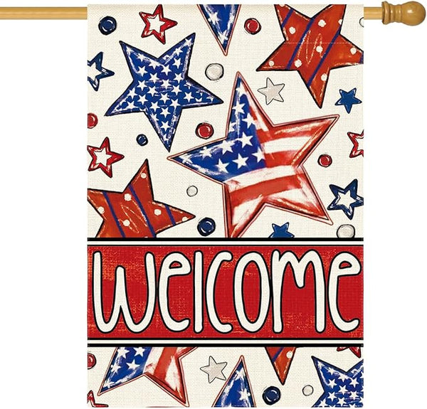 AVOIN colorlife Patriotic 4th of July House Flag 28x40 Inch Double Sided Outside, Welcome American Stars and Stripes Yard Outdoor Decoration