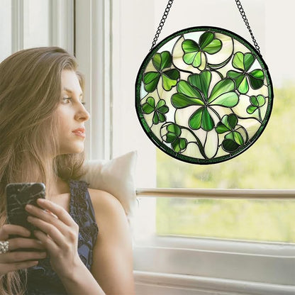 Stained Glass Window Hanging - Ireland Green Lucky Clover Suncatcher for Doors Garden St. Patrick's Day Sun Catchers Decor Mother's Day Birthday for Women Men Mom Nana 11.8 in