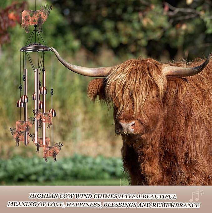 Briwooody Highland Cow Wind Chimes for Outside Metal Wind Chimes Highland Cow Gifts for Women Mom Memorial Birthday Decor for Outdoor Patio Garden Porch Home Decoration