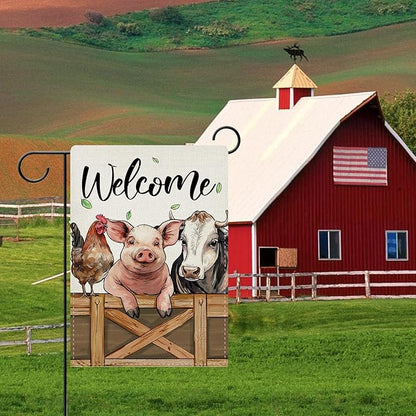 Dyrenson Welcome Farm Animals Decorative Garden Flag, Pig Cow Rooster Yard Outside Home Decoration, Farmhouse Burlap Outdoor Small Decor Double Sided 12 x 18
