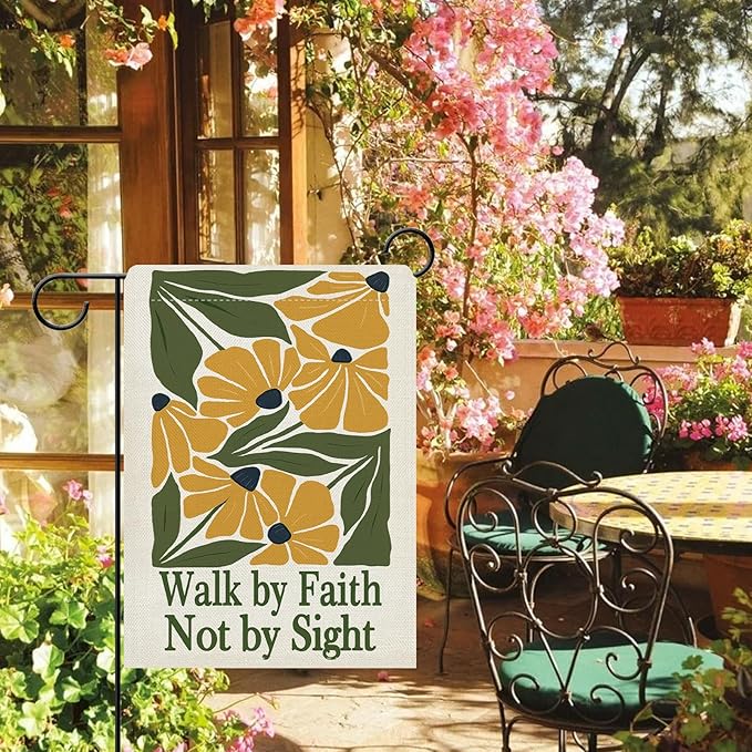 Dyrenson Inspirational Yellow Flower Decorative Garden Flag, Motivational Walk by Faith Not by Sight Floral Yard Outside Home Decoration, Spring Summer Burlap Outdoor Small Decor Double Sided 12 x 18