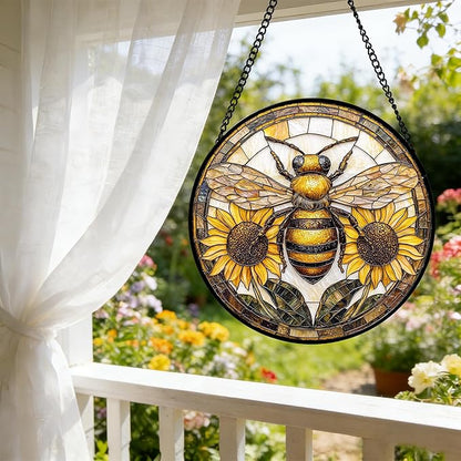 DASTOLL Stained Glass Window Hanging - Bee Sunflower Yellow Suncatcher Ready to Hang Window Doors Home Decoration and Christmas, Mother's Day Birthday Gifts for Women, Men, and Mom 7.8x7.8 in