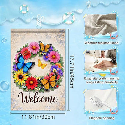 IVN Butterfly Garden Flag 12x18 Inch – Welcome Floral Wreath Outdoor Flag, Double Sided Burlap Spring Summer Yard Flag for Porch Lawn Patio Decor