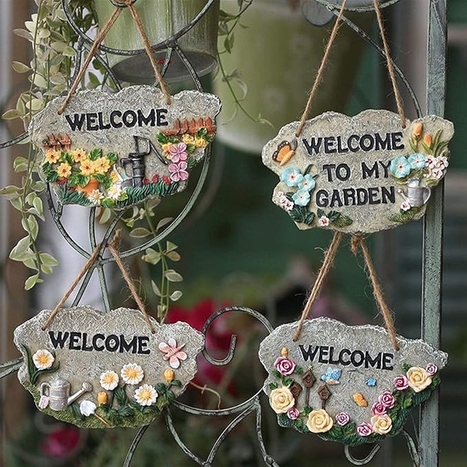 Garden Ornaments Outdoor 4PCS Garden Welcome Listing Card Resin Ornaments Balcony Wall Hanging Pendant Home Courtyard Outdoor Figurines Decoration Crafts Garden Ornaments