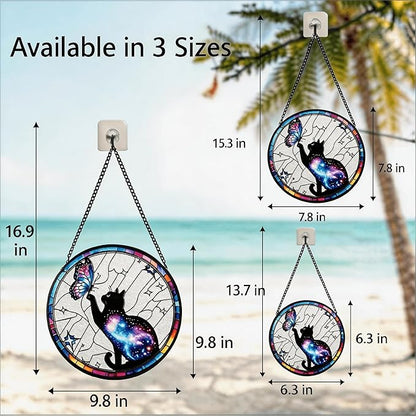 Stained Glass Sun Catcher,Cat and Butterfly Glass Window Hanging Garden Decor,Sun Catchers Indoor Window,Whimsical Decoration for Home Backyard Patio Lawn Porch with 9.8 INCH