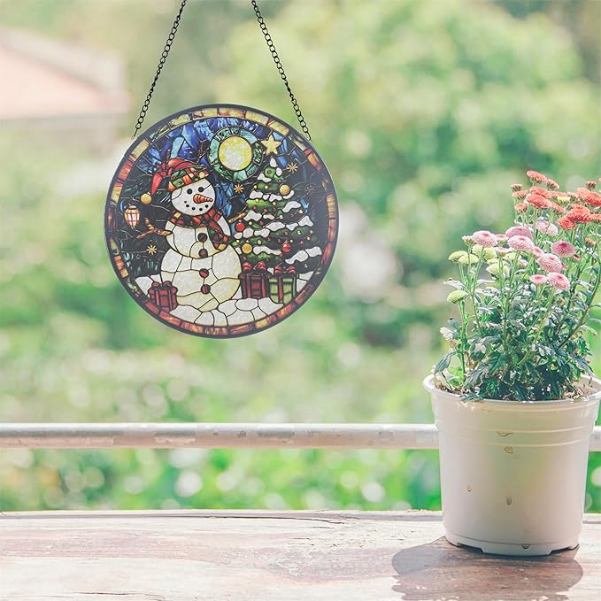 Stained Glass Sun Catcher,Christmas Snowman Glass Window Hanging Garden Decor,Sun Catchers Indoor Window,Whimsical Decoration for Home Backyard Patio Lawn Porch with 6.3 INCH