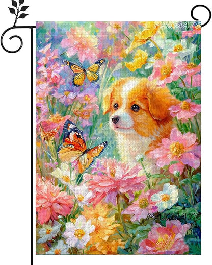 Spring Summer Welcome Garden Flag 12x18 Inch Double Sided Dog Floral Butterfly Burlap Small Yard Flag Seasonal Farmhouse Outside Outdoor Decoration