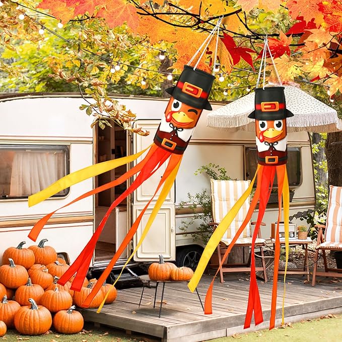NOVWANG 2 Pcs 40 Inch Turkey Windsocks, Fall Turkey Wind Sock Thanksgiving Outdoor Hanging Flag Autumn Outside Decorations for Garden Lawn Yard Balcony Patio Decor