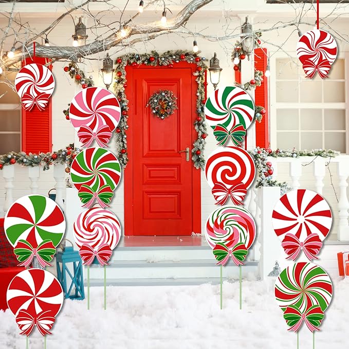 12 PCS Christmas Outdoor Yard Signs Candy Decorations Outdoor Peppermint LED Lights Xmas Yard Stakes Hanging Ornaments Holiday Garden Sign Cardboard Signs for Party Porch Lawn Walkway Decor