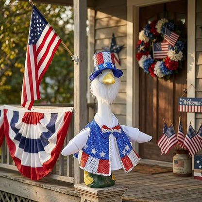 3 Pcs/Set 4th of July Porch Goose Outfit, 23" High Lawn Goose Patriotic Costume Clothing, Independence Day Garden Geese Clothes Sequins Waistcoat Shirt with Top Hat for Outdoor Patio Yard Decoration