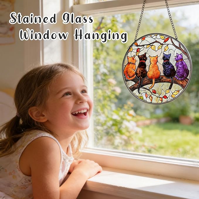 Cat Stained Glass Window Hanging with Hook – 6.3" Handcrafted Suncatcher, Vibrant Decor for Living Room Office, Unique Gifts for Women, Mom, Teen Girls, Cat Lovers