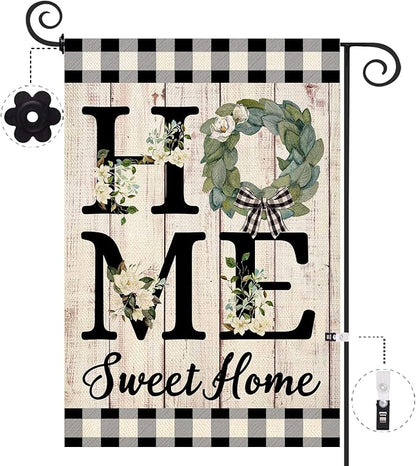 ORTIGIA Home Sweet Home Magnolia Garden Flag Double Sided 12.5x18 Inch Spring Summer Buffalo Plaid Check Small Yard Flag Burlap Vertical Farmhouse Rustic Outside Outdoor Lawn Patio Decor
