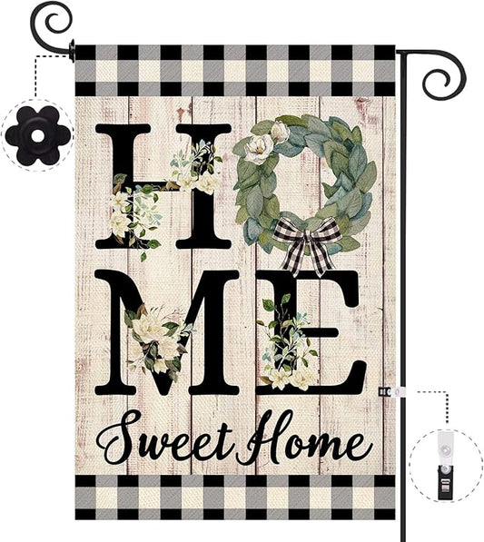 ORTIGIA Home Sweet Home Magnolia Garden Flag Double Sided 12.5x18 Inch Spring Summer Buffalo Plaid Check Small Yard Flag Burlap Vertical Farmhouse Rustic Outside Outdoor Lawn Patio Decor