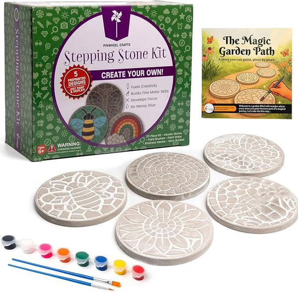Pinwheel Crafts Stepping Stone Kit for Kids – Paint Your Own Mosaic Stones with Storybook | 5 Preprinted Cement Designs, Waterproof Paints, Brushes & Markers | Creative Garden Craft Gift for Ages 6+