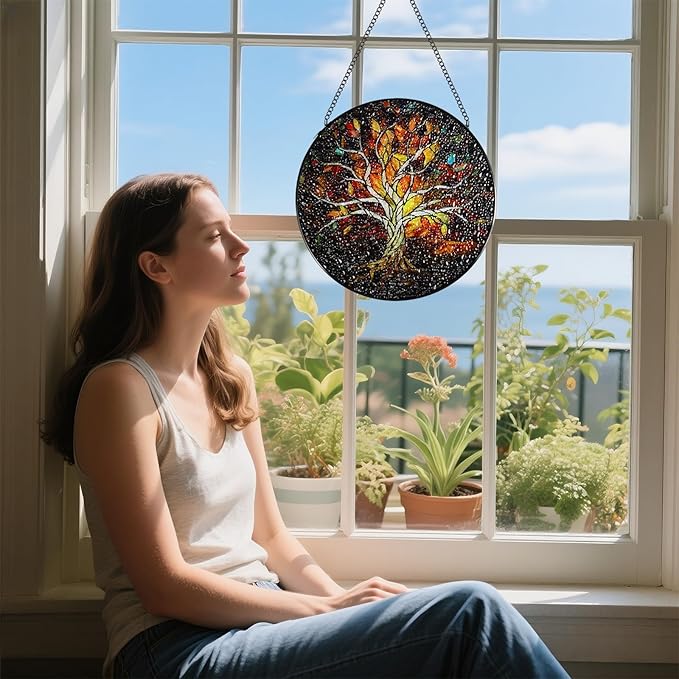Stained Glass Window Hanging - 8 Inch Tree of Life Sun Catcher, Handmade for Indoor/Garden Decor, Wall Art Gift for Women Mother's Day Christmas
