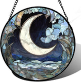 Stained Glass Window Hanging - Abstract Sea of Clouds Moon Sun Catcher for Door Terrace Garden Home Decor, Gray Blue Suncatcher Birthday Gifts for Lovers Women Men Dad Mom Nana 7.8 in