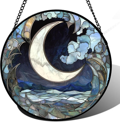 Stained Glass Window Hanging - Abstract Sea of Clouds Moon Sun Catcher for Door Terrace Garden Home Decor, Gray Blue Suncatcher Birthday Gifts for Lovers Women Men Dad Mom Nana 7.8 in