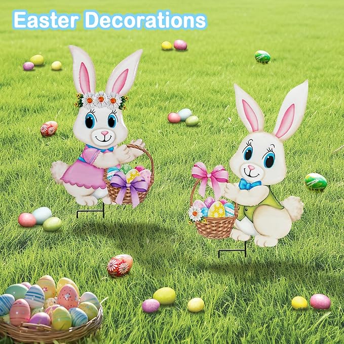 Easter Decorations Outdoor,2 Pack Metal Easter Egg Bunny Yard Signs for Outside,Cute Bunny Garden Stakes for Lawn,Yard,Rabbit Gifts for Women