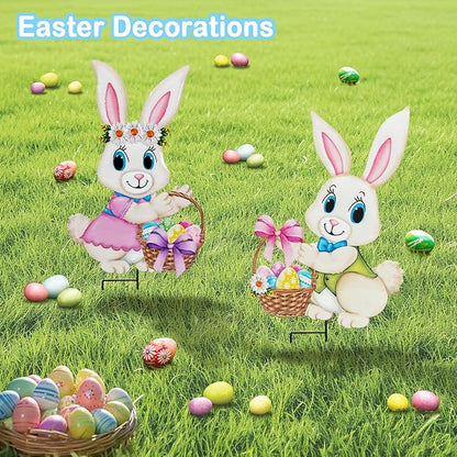 Easter Decorations Outdoor,2 Pack Metal Easter Egg Bunny Yard Signs for Outside,Cute Bunny Garden Stakes for Lawn,Yard,Rabbit Gifts for Women