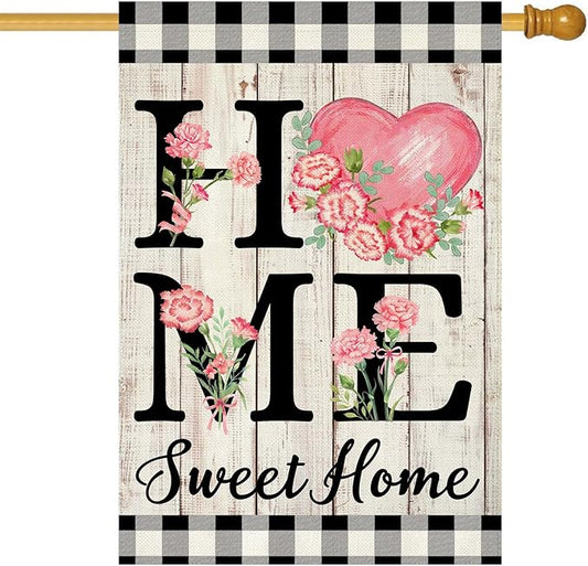 ORTIGIA Happy Mothers Day House Flag 28 x 40 Inch Double Sided Home Sweet Home Carnation Floral Flower Wedding Anniversary Yard Flag Summer Holiday Outdoor Outside Decoration (Large)