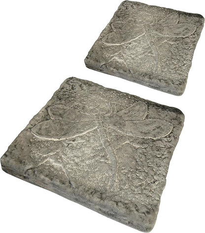 BestNest Set of 2 Athens Pre-Aged Dragonfly Stepping Stones – 12"x12" Concrete Garden Pavers with Raised Insect Detail – Gray Stone Finish Outdoor Pathway Decor