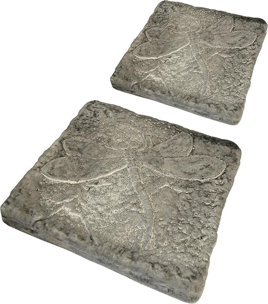 BestNest Set of 2 Athens Pre-Aged Dragonfly Stepping Stones – 12"x12" Concrete Garden Pavers with Raised Insect Detail – Gray Stone Finish Outdoor Pathway Decor