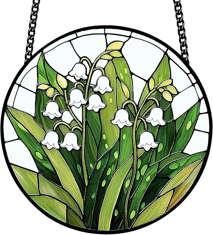 Stained Glass Window Hanging, Lily of the Valley Flower Sun Catcher Glass Panel Green and White Suncatcher Decor for Birthday, Women, Men, Wife, Aunt, Lovers, Home Garden 7.8 in
