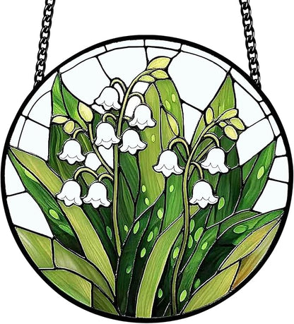 Stained Glass Window Hanging, Lily of the Valley Flower Sun Catcher Glass Panel Green and White Suncatcher Decor for Birthday, Women, Men, Wife, Aunt, Lovers, Home Garden 7.8 in