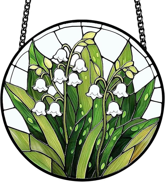 Stained Glass Window Hanging, Lily of the Valley Flower Sun Catcher Glass Panel Green and White Suncatcher Decor for Birthday, Women, Men, Wife, Aunt, Lovers, Home Garden 7.8 in