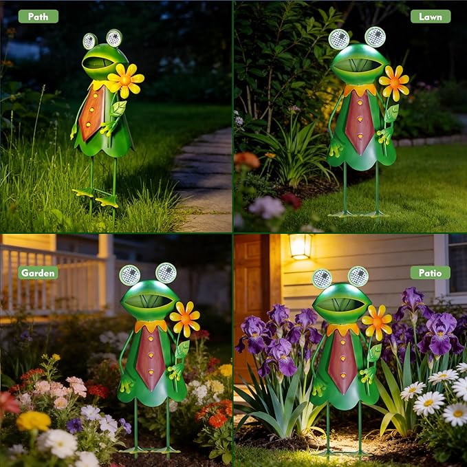 HONGLAND Solar Frog Garden Statue with Blinking LED Eyes, 21“ Metal Frog Yard Decorations Outdoor for Patio Backyard Garden Decor, Unique Birthday Housewarming Gifts for Women Mom Grandma
