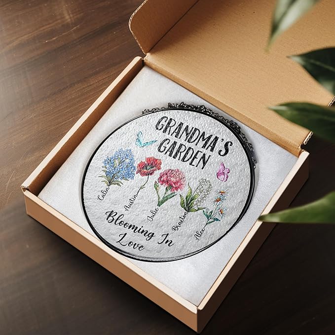Personalized Grandma’s Garden Stained Glass Window Hanging Ornament, Custom Birth Month Flowers with Kids’ Names, Grandma Love Grows Here Floral Art, for Mom Grandma