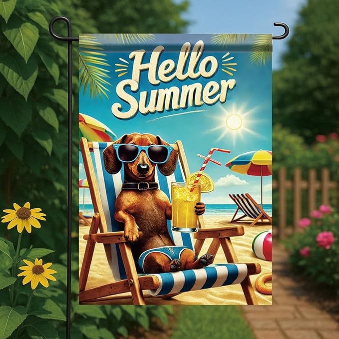 Summer Garden Flag 12x18 Inch Funny Dog Hello Summer Beach Chair Sunglasses Tropical Vacation Design Outdoor Yard Porch Lawn Patio for Seasonal Coastal Home Decor