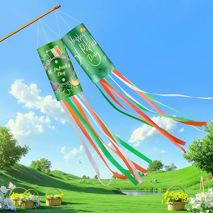 2Pack 40 Inch St. Patrick’s Day Outdoor Windsock, Green Outdoor Holiday Windsock Flags Decorations, Shamrock Irish Pattern Design for Yard Garden Home Party Hanging Decor