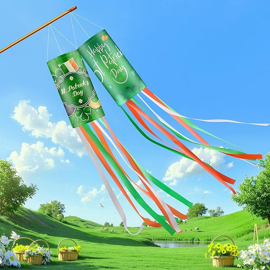 2Pack 40 Inch St. Patrick’s Day Outdoor Windsock, Green Outdoor Holiday Windsock Flags Decorations, Shamrock Irish Pattern Design for Yard Garden Home Party Hanging Decor