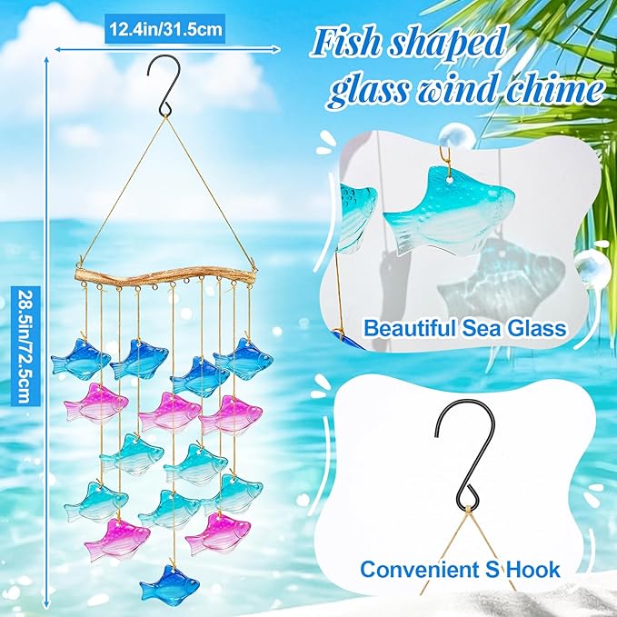 28.5" Blue Glass Sea Wind Chimes for Outdoor, Handcrafted Fish Wind Chimes for Outside, Small Unique Suncatcher Hanging Windchimes for Garden Patio Yard Beach Party Wedding Decor Women Gift