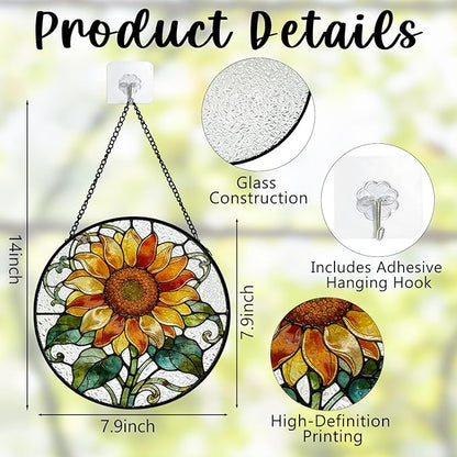 Sunflower Stained Glass Window Hanging, Cottagecore Sunflower Floral Botanical Suncatcher Indoor Window Glass Round Wall Art Decor, 7.9x7.9 Inch