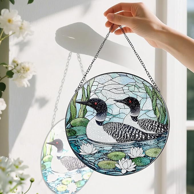8-Inch Loon Birds Stained Glass Suncatcher Ornament, Stained Glass Window Hanging, Window Hanging Decor – Christmas, Birthday | Gifts for Bird Lover, Friend, Couples, Family | Holiday Decorations