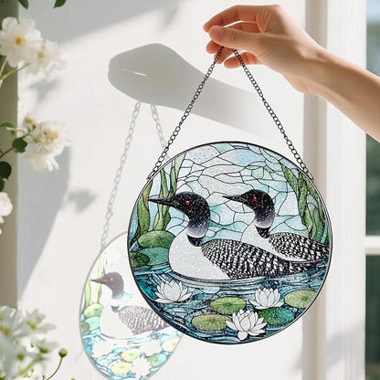 8-Inch Loon Birds Stained Glass Suncatcher Ornament, Stained Glass Window Hanging, Window Hanging Decor – Christmas, Birthday | Gifts for Bird Lover, Friend, Couples, Family | Holiday Decorations