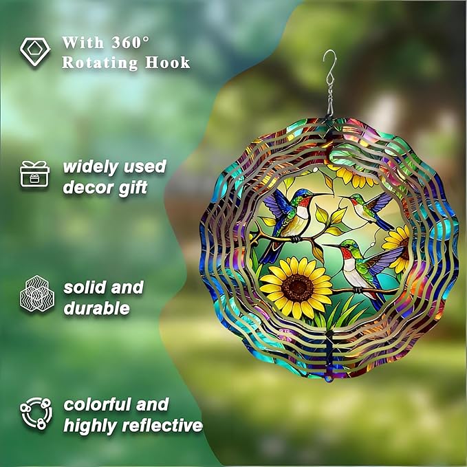 10 Inch Hummingbird Wind Spinner, 3D Metal Hanging Bird Kinetic Wind Rustproof Sculpture Gift for Women Mom Grandma Wife, Yard Garden Balcony Spring Ornament Outdoor Decor
